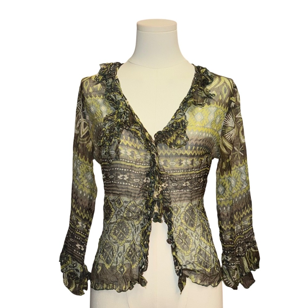 Motivi Silk Ruffle Cardigan Womens Size 6 Green Good Geometric Sheer Top